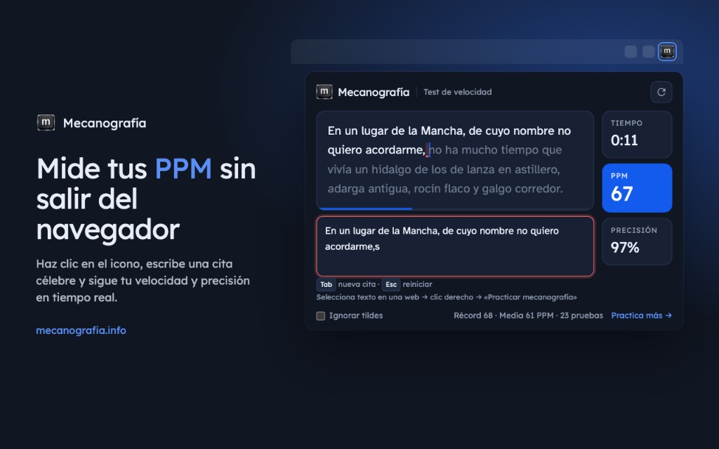 Test de mecanografía en tiempo real: PPM, precisión y errores al instante