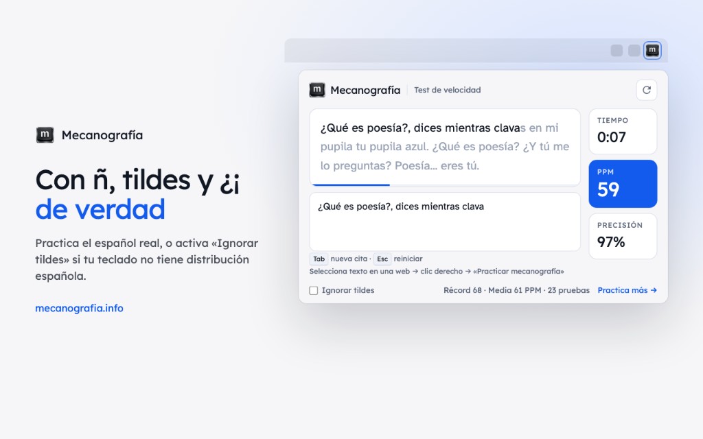 Español real con ñ, tildes y signos ¿¡, u opción ignorar tildes